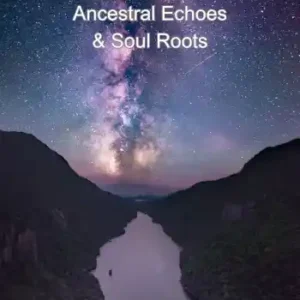 Ancestral tree glowing with light, connecting generations through spiritual energy and cosmic symbols